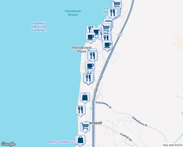 map of restaurants, bars, coffee shops, grocery stores, and more near 130 Kai Malina Parkway in Lahaina