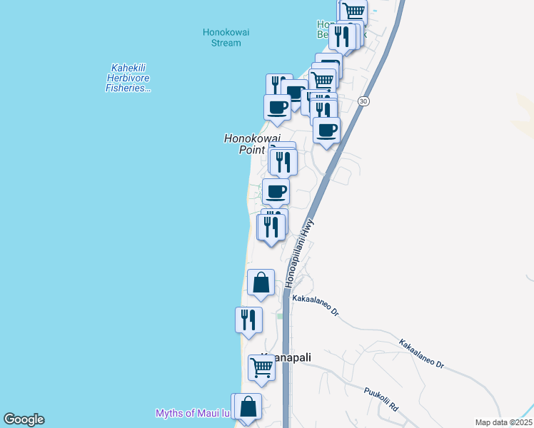 map of restaurants, bars, coffee shops, grocery stores, and more near 130 Kai Malina Parkway in Lahaina