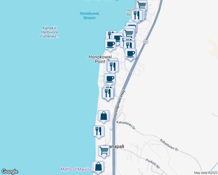 map of restaurants, bars, coffee shops, grocery stores, and more near 130 Kai Malina Parkway in Lahaina