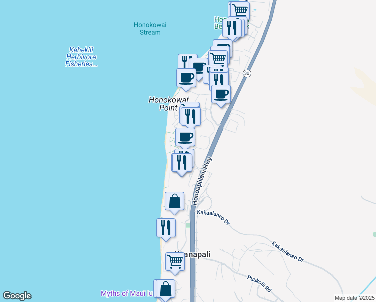 map of restaurants, bars, coffee shops, grocery stores, and more near 130 Kai Malina Parkway in Lahaina