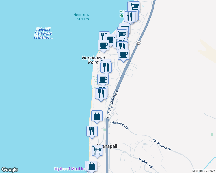 map of restaurants, bars, coffee shops, grocery stores, and more near 130 Kai Malina Parkway in Lahaina