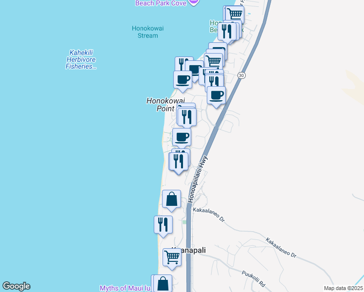 map of restaurants, bars, coffee shops, grocery stores, and more near 130 Kai Malina Parkway in Lahaina
