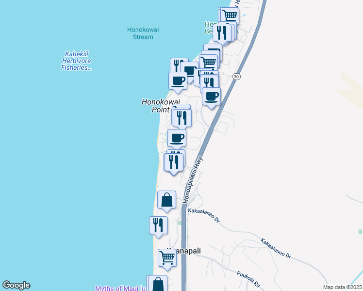 map of restaurants, bars, coffee shops, grocery stores, and more near 130 Kai Malina Parkway in Lahaina