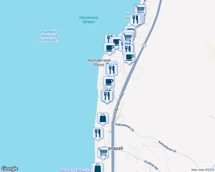 map of restaurants, bars, coffee shops, grocery stores, and more near 130 Kai Malina Parkway in Lahaina
