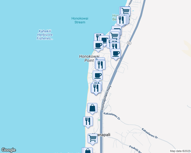 map of restaurants, bars, coffee shops, grocery stores, and more near 130 Kai Malina Parkway in Lahaina