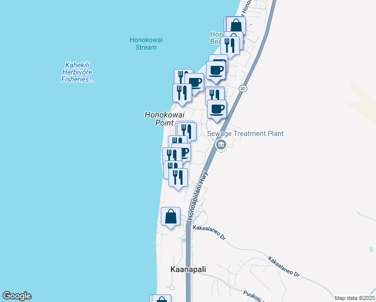 map of restaurants, bars, coffee shops, grocery stores, and more near 130 Kai Malina Parkway in Lahaina