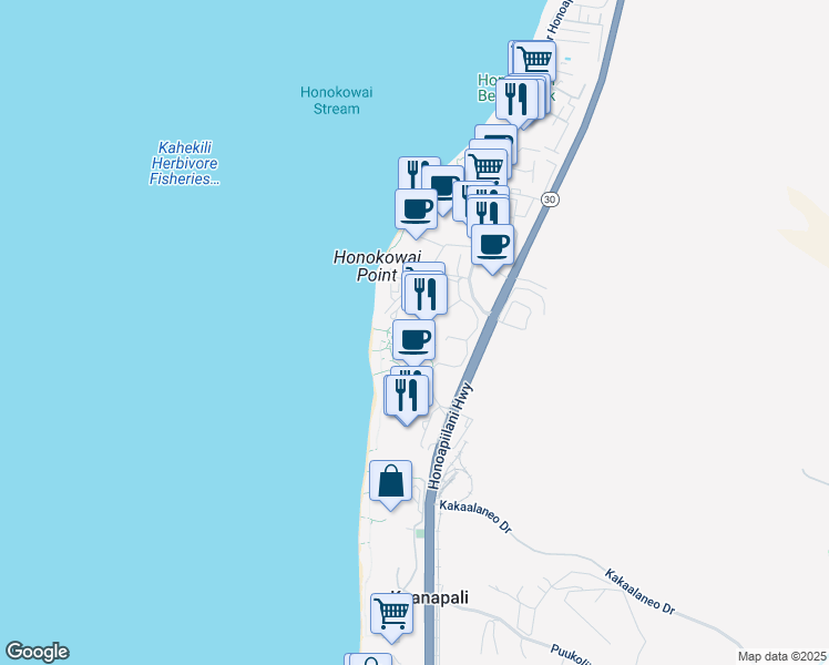 map of restaurants, bars, coffee shops, grocery stores, and more near 130 Kai Malina Parkway in Lahaina