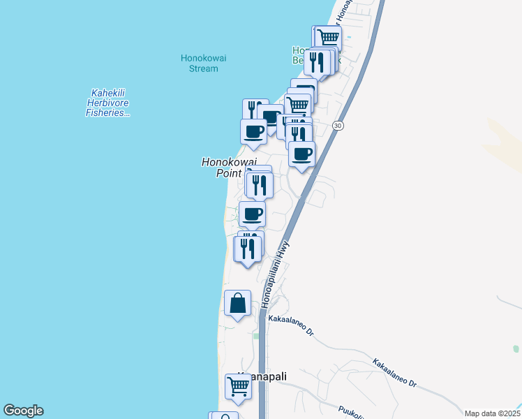 map of restaurants, bars, coffee shops, grocery stores, and more near 30 Kai Malina Parkway in Lahaina