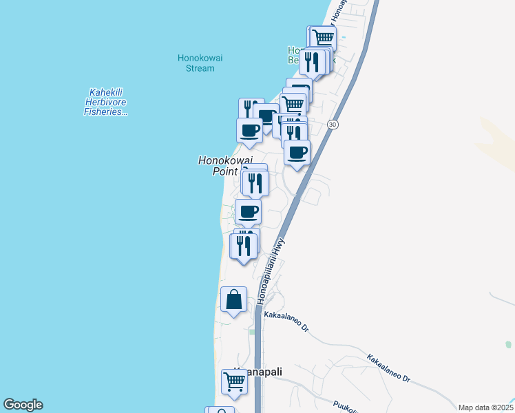 map of restaurants, bars, coffee shops, grocery stores, and more near 130 Kai Malina Parkway in Lahaina