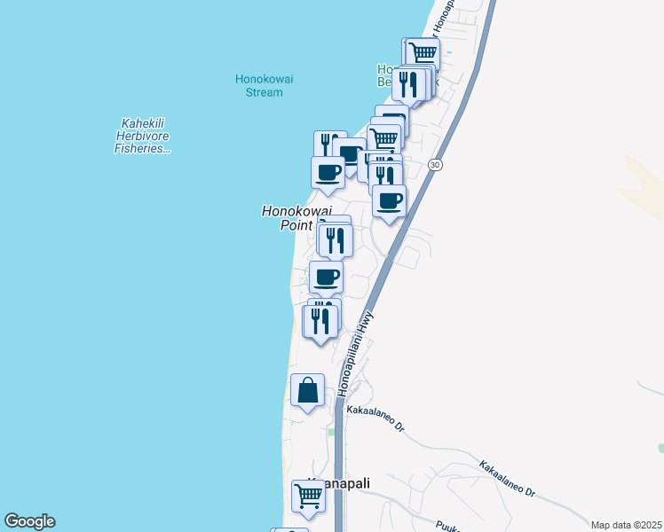 map of restaurants, bars, coffee shops, grocery stores, and more near 130 Kai Malina Parkway in Lahaina