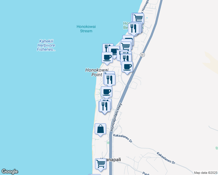 map of restaurants, bars, coffee shops, grocery stores, and more near 130 Kai Malina Parkway in Lahaina