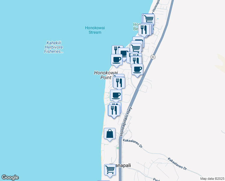 map of restaurants, bars, coffee shops, grocery stores, and more near 130 Kai Malina Parkway in Lahaina