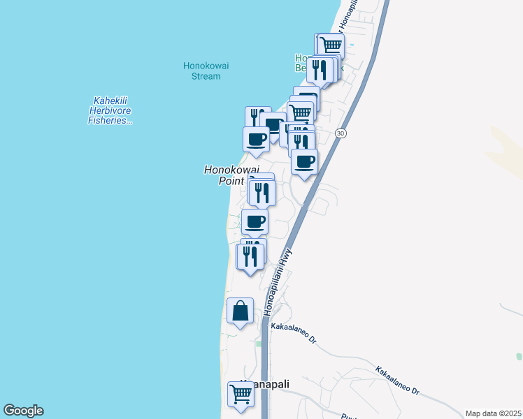 map of restaurants, bars, coffee shops, grocery stores, and more near 130 Kai Malina Parkway in Lahaina