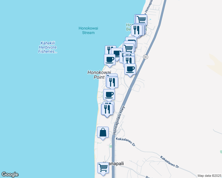 map of restaurants, bars, coffee shops, grocery stores, and more near 130 Kai Malina Parkway in Lahaina