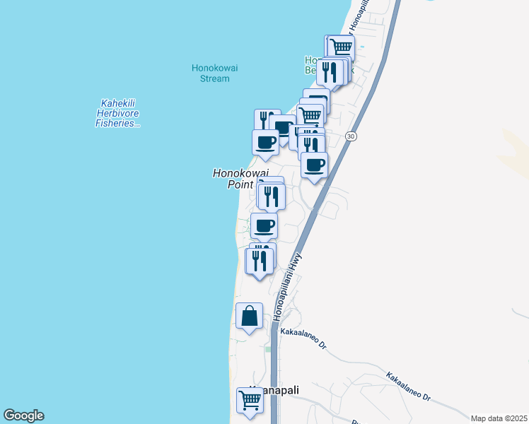 map of restaurants, bars, coffee shops, grocery stores, and more near 130 Kai Malina Parkway in Lahaina