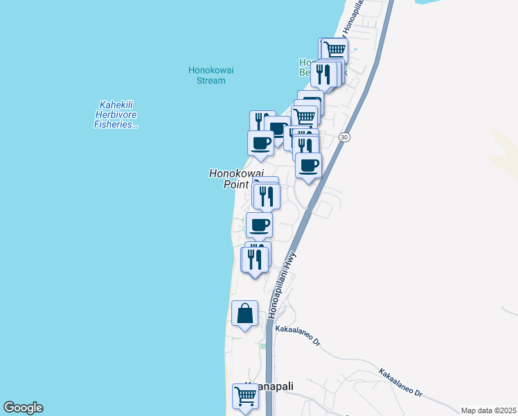 map of restaurants, bars, coffee shops, grocery stores, and more near 130 Kai Malina Parkway in Lahaina