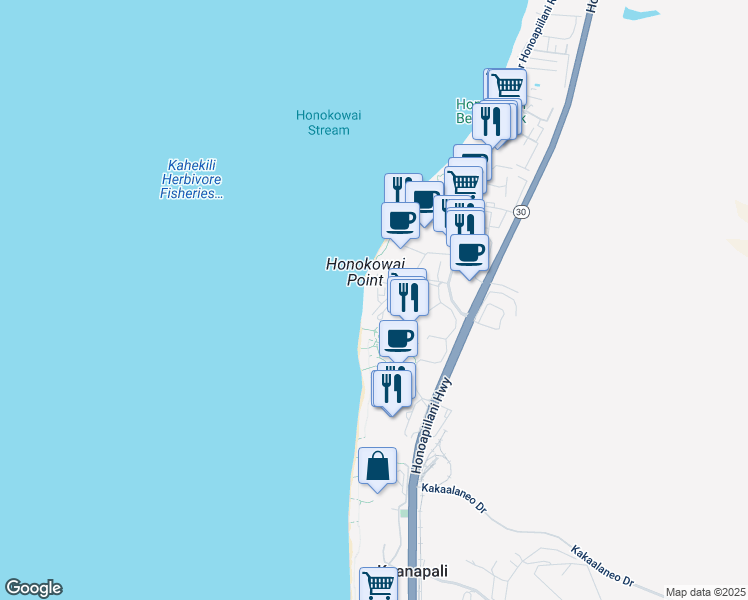 map of restaurants, bars, coffee shops, grocery stores, and more near 110 Kaanapali Shores Place in Lahaina