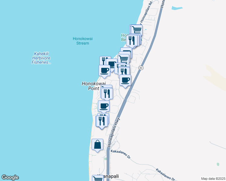 map of restaurants, bars, coffee shops, grocery stores, and more near 104 Kaanapali Shores Place in Lahaina