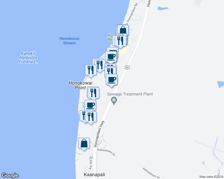 map of restaurants, bars, coffee shops, grocery stores, and more near 3350 Lower Honoapiilani Road in Lahaina