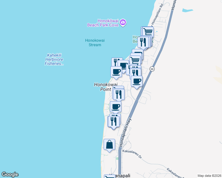 map of restaurants, bars, coffee shops, grocery stores, and more near 106 Kaanapali Shores Place in Lahaina