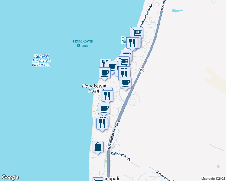 map of restaurants, bars, coffee shops, grocery stores, and more near 130 Kai Malina Parkway in Lahaina