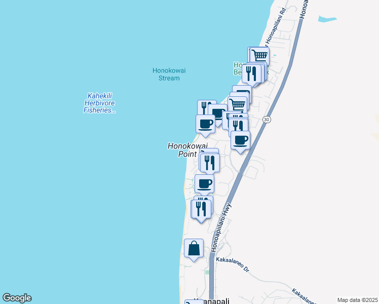 map of restaurants, bars, coffee shops, grocery stores, and more near 106 Kaanapali Shores Place in Lahaina