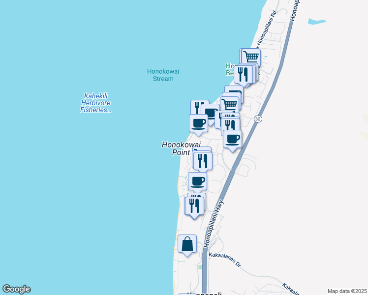 map of restaurants, bars, coffee shops, grocery stores, and more near 106 Kaanapali Shores Place in Lahaina