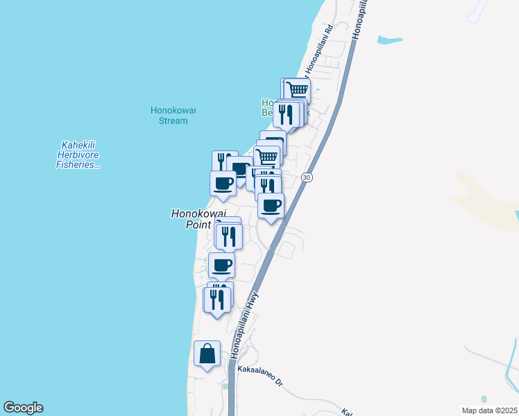 map of restaurants, bars, coffee shops, grocery stores, and more near 130 Kai Malina Parkway in Lahaina