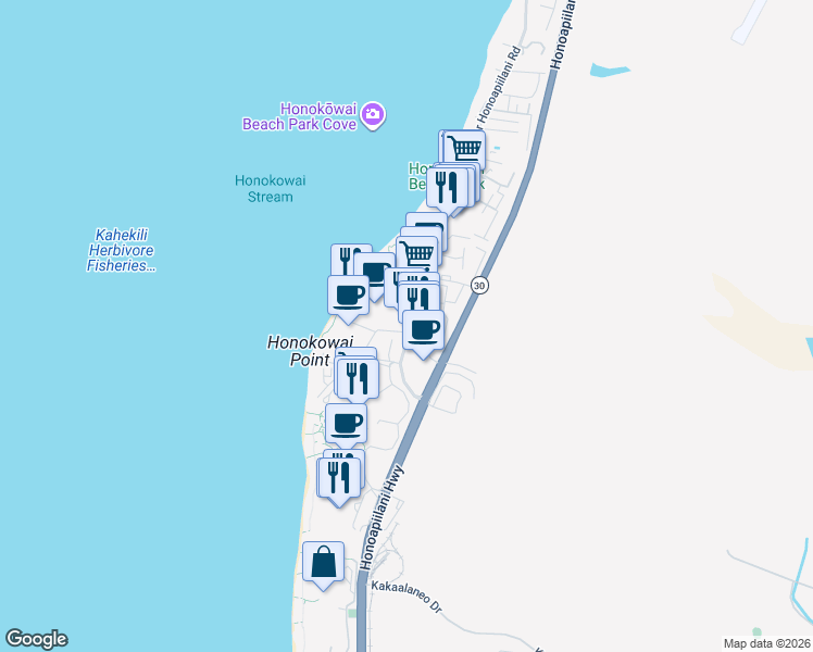 map of restaurants, bars, coffee shops, grocery stores, and more near 3453 Lower Honoapiilani Road in Lahaina