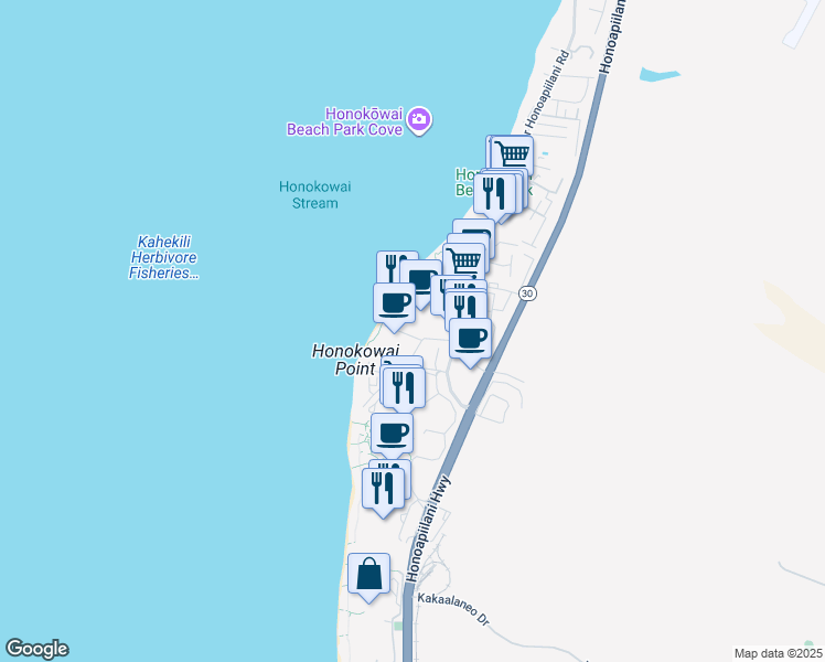 map of restaurants, bars, coffee shops, grocery stores, and more near 3445 Lower Honoapiilani Road in Lahaina