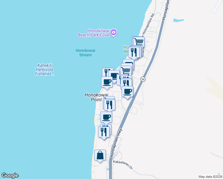 map of restaurants, bars, coffee shops, grocery stores, and more near 3445 Lower Honoapiilani Road in Lahaina