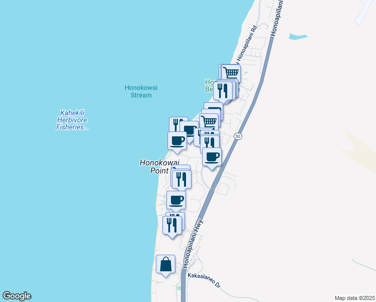 map of restaurants, bars, coffee shops, grocery stores, and more near 3445 Lower Honoapiilani Road in Lahaina