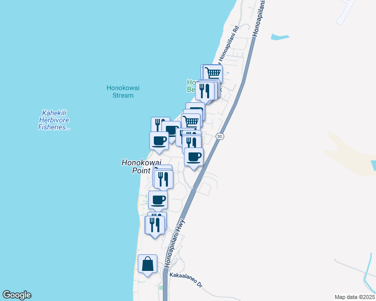 map of restaurants, bars, coffee shops, grocery stores, and more near 3445 Lower Honoapiilani Road in Lahaina