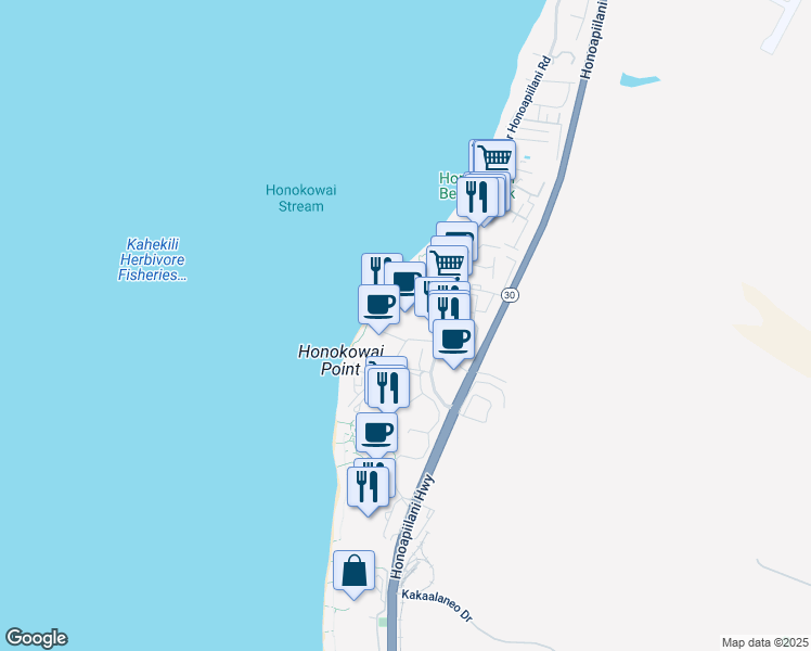 map of restaurants, bars, coffee shops, grocery stores, and more near 3445 Lower Honoapiilani Road in Lahaina