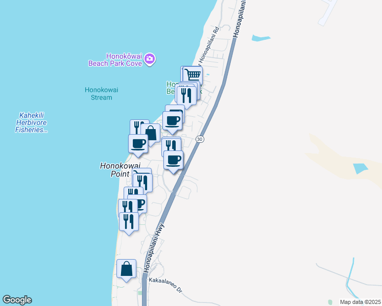 map of restaurants, bars, coffee shops, grocery stores, and more near 3445 Lower Honoapiilani Road in Lahaina
