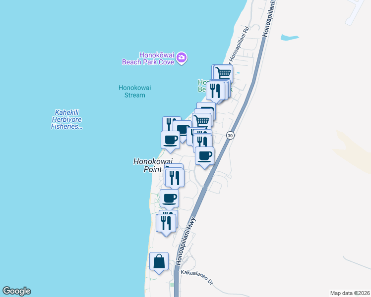 map of restaurants, bars, coffee shops, grocery stores, and more near 3453 Lower Honoapiilani Road in Lahaina