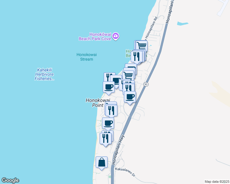 map of restaurants, bars, coffee shops, grocery stores, and more near 3445 Lower Honoapiilani Road in Lahaina