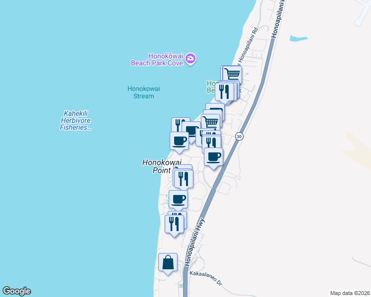 map of restaurants, bars, coffee shops, grocery stores, and more near 3445 Lower Honoapiilani Road in Lahaina