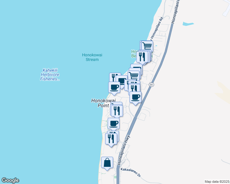 map of restaurants, bars, coffee shops, grocery stores, and more near 3445 Lower Honoapiilani Road in Lahaina