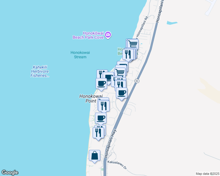map of restaurants, bars, coffee shops, grocery stores, and more near 3445 Lower Honoapiilani Road in Lahaina