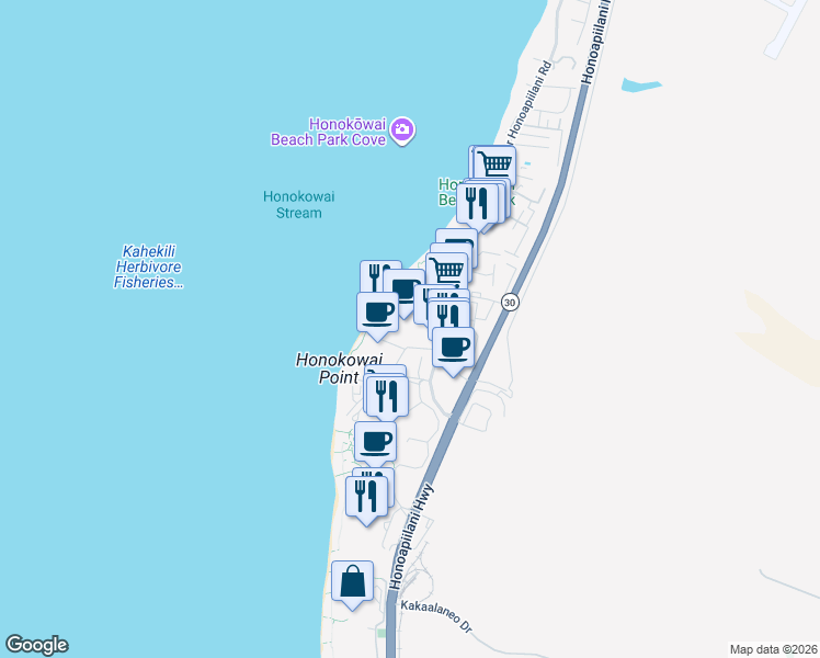 map of restaurants, bars, coffee shops, grocery stores, and more near 3445 Lower Honoapiilani Road in Lahaina