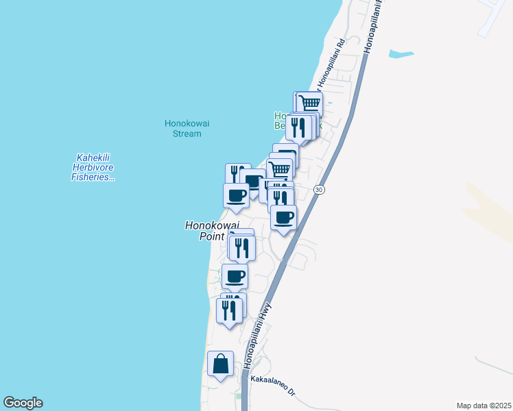 map of restaurants, bars, coffee shops, grocery stores, and more near 3445 Lower Honoapiilani Road in Lahaina
