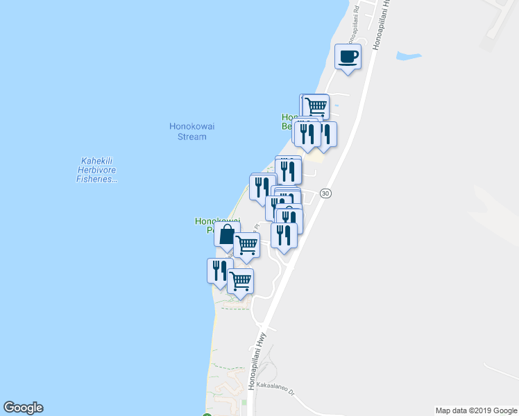 map of restaurants, bars, coffee shops, grocery stores, and more near 3445 Lower Honoapiilani Road in Lahaina
