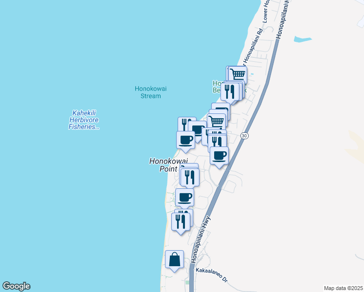 map of restaurants, bars, coffee shops, grocery stores, and more near 3445 Lower Honoapiilani Road in Lahaina