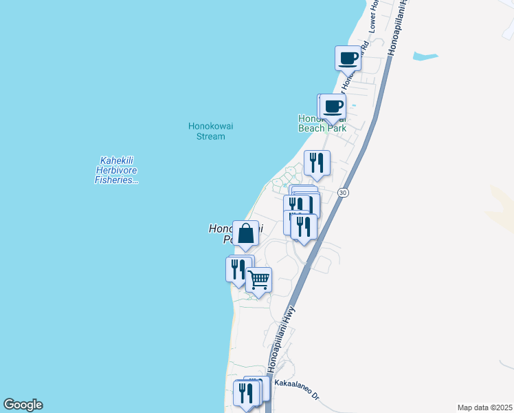 map of restaurants, bars, coffee shops, grocery stores, and more near 3445 Lower Honoapiilani Road in Lahaina