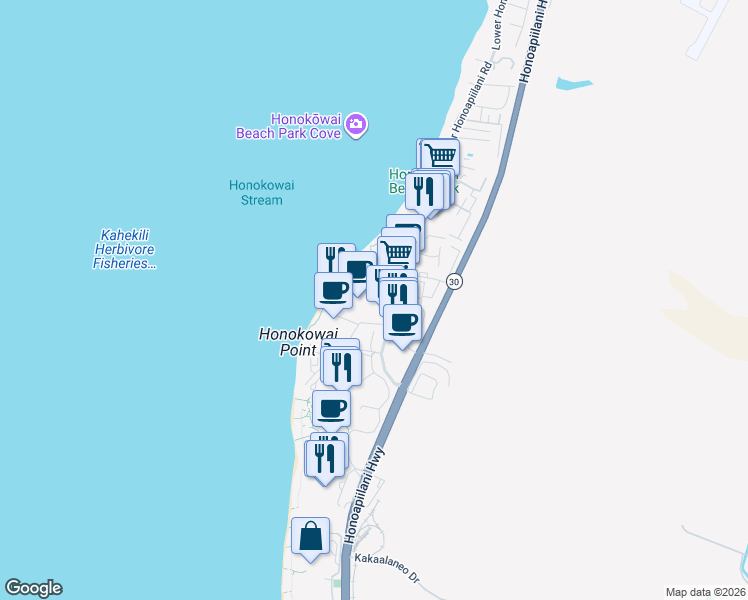 map of restaurants, bars, coffee shops, grocery stores, and more near 3453 Lower Honoapiilani Road in Lahaina
