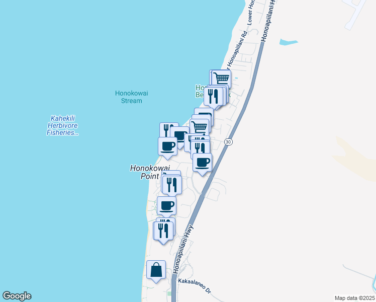 map of restaurants, bars, coffee shops, grocery stores, and more near 3445 Lower Honoapiilani Road in Lahaina
