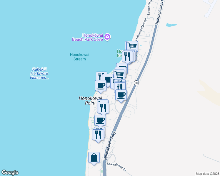 map of restaurants, bars, coffee shops, grocery stores, and more near 3453 Lower Honoapiilani Road in Lahaina