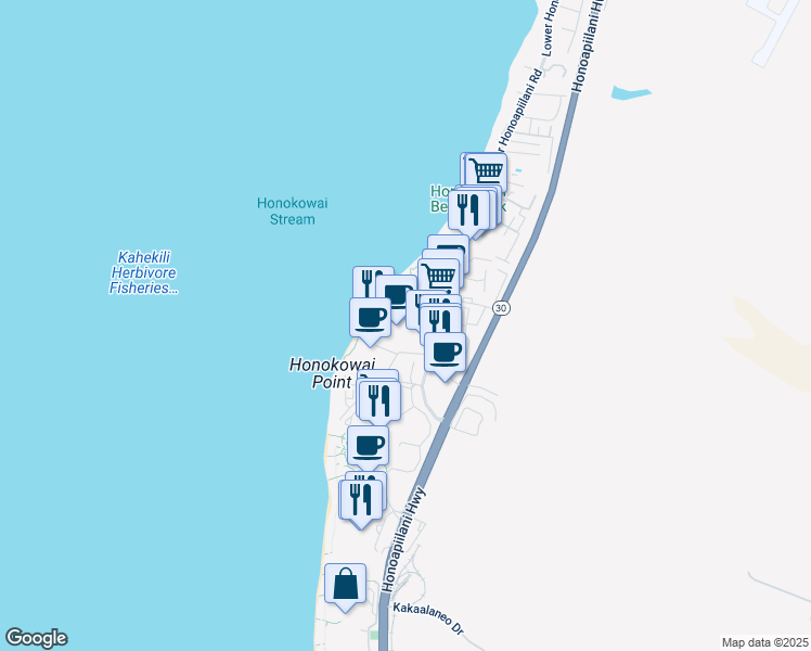 map of restaurants, bars, coffee shops, grocery stores, and more near 3445 Lower Honoapiilani Road in Lahaina