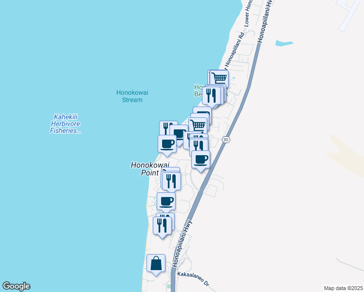 map of restaurants, bars, coffee shops, grocery stores, and more near 3445 Lower Honoapiilani Road in Lahaina